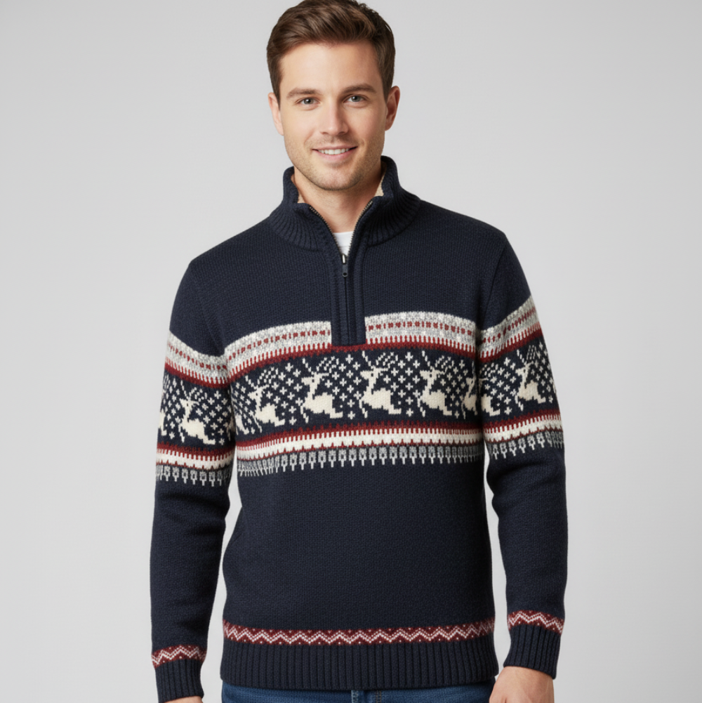 Men's Christmas Knit Sweater - Zipper Long Turtleneck