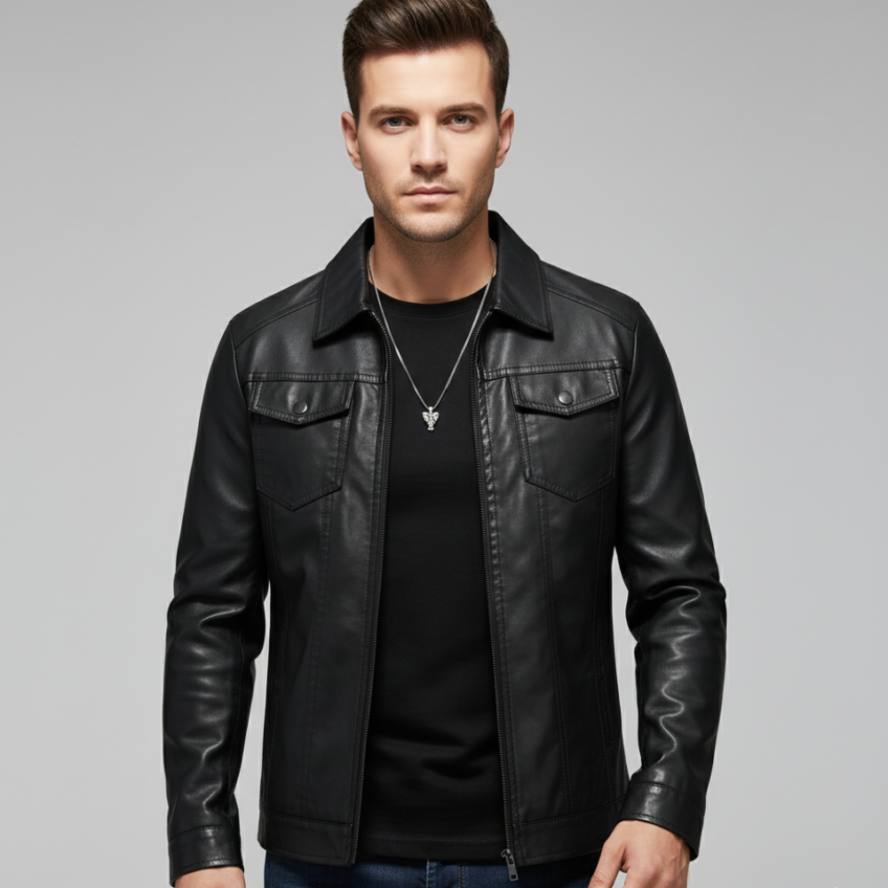 Men's Leather Black Bomber Jacket - Lightweight Coat