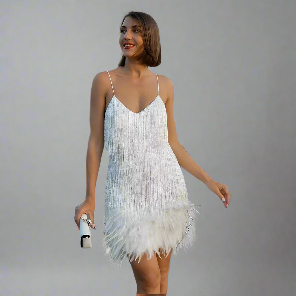 Robe de cocktail à plumes et sequins pour femme | Robe de soirée courte