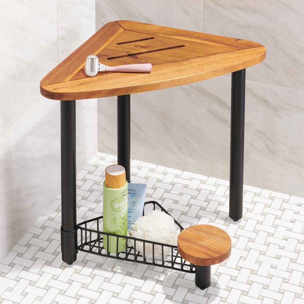 Teak Shower Chair with Storage Basket and Adjustable Legs 3