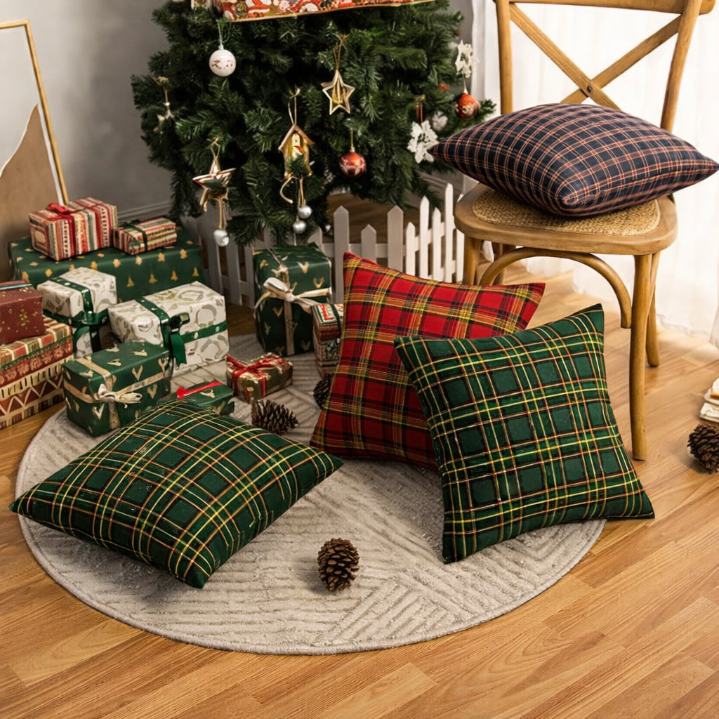 Throw Pillow Covers Plaid Christmas Tartan Polyester Cushion Set