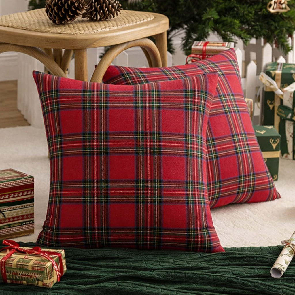Throw Pillow Covers Plaid Christmas Tartan Polyester Cushion Set