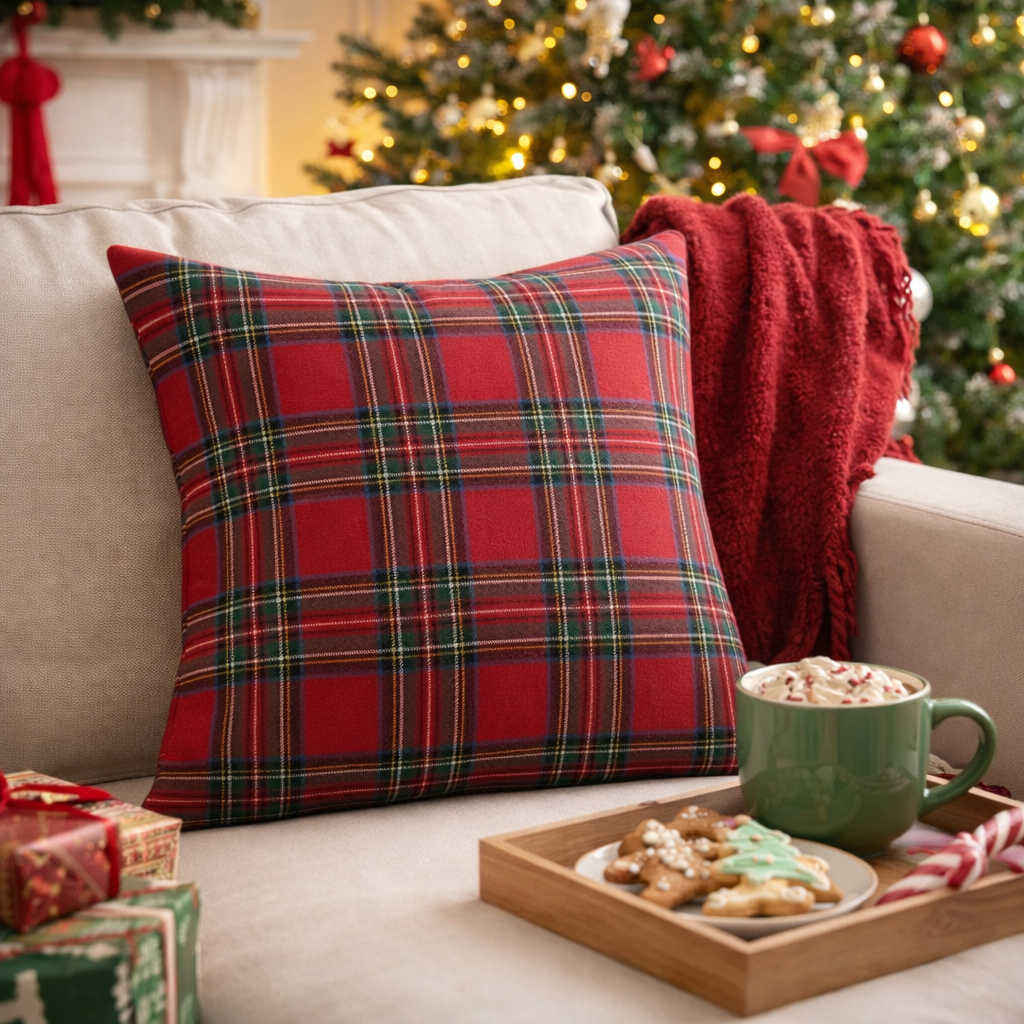 Throw Pillow Covers Plaid Christmas Tartan Polyester Cushion Set