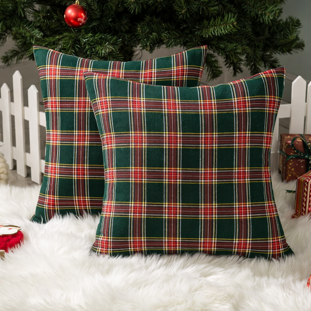 Throw Pillow Covers Plaid Christmas Tartan Polyester Cushion Set