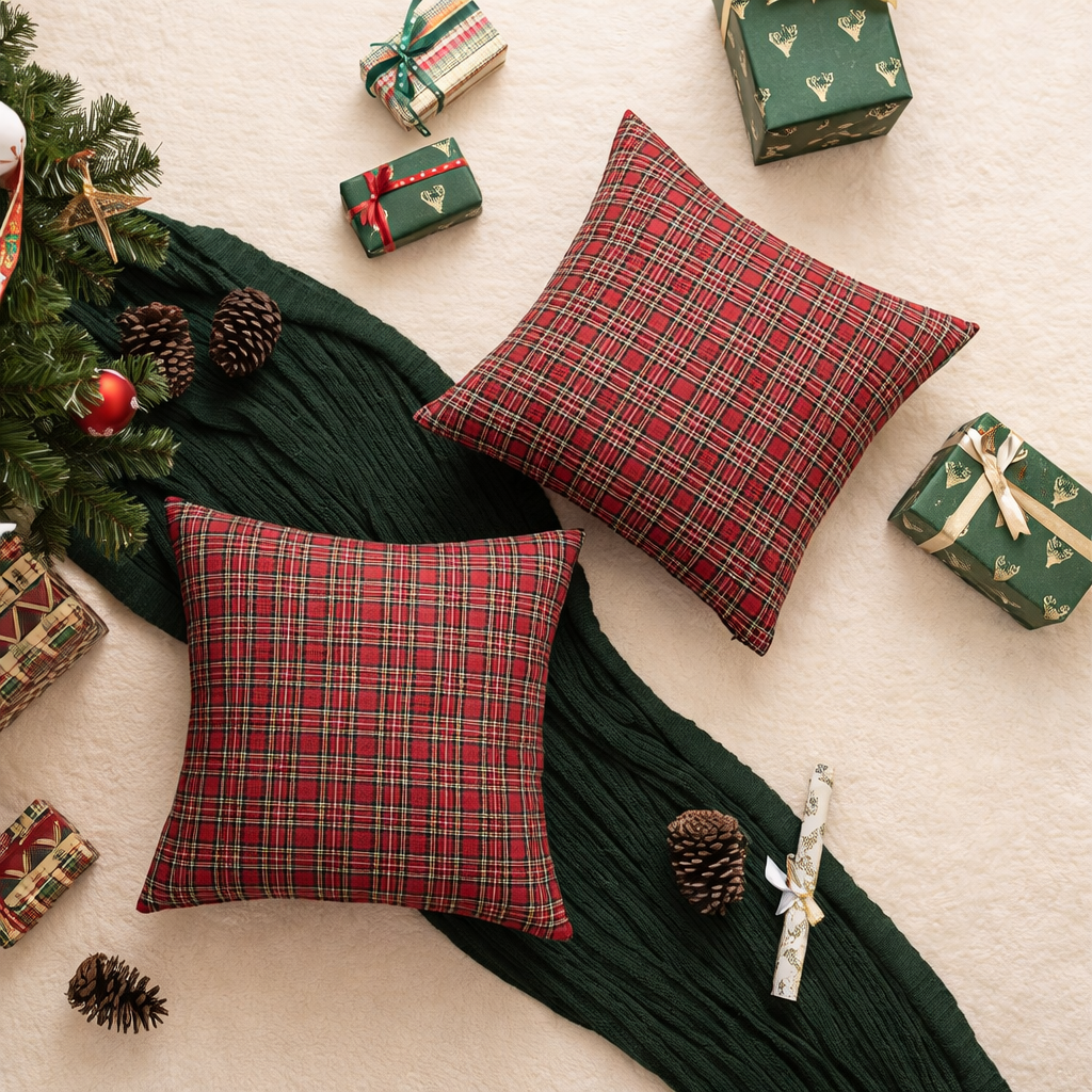 Throw Pillow Covers Plaid Christmas Tartan Polyester Cushion Set