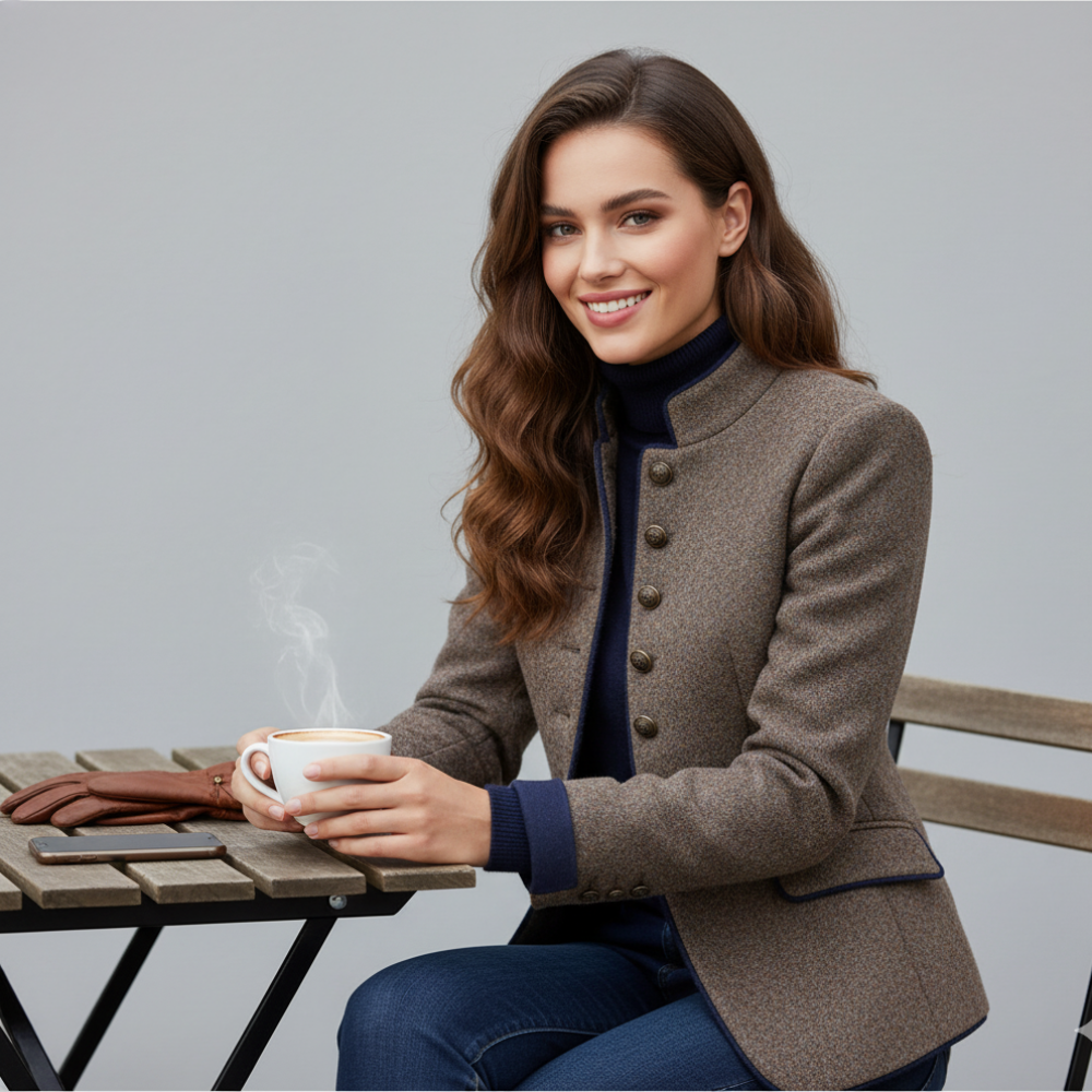 Women's Fitted Wool Blazer - Tailored Contrast Trim Jacket
