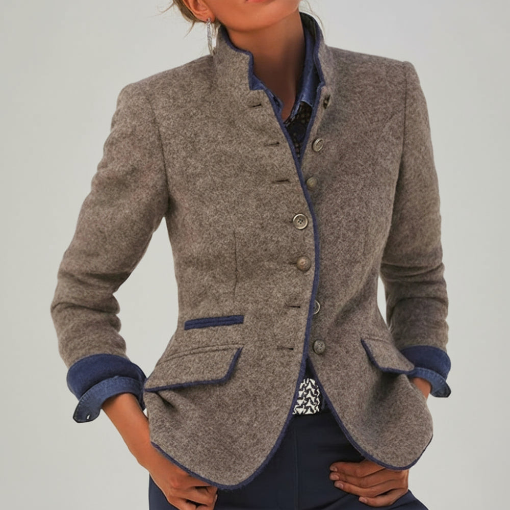 Women's Fitted Wool Blazer - Tailored Contrast Trim Jacket