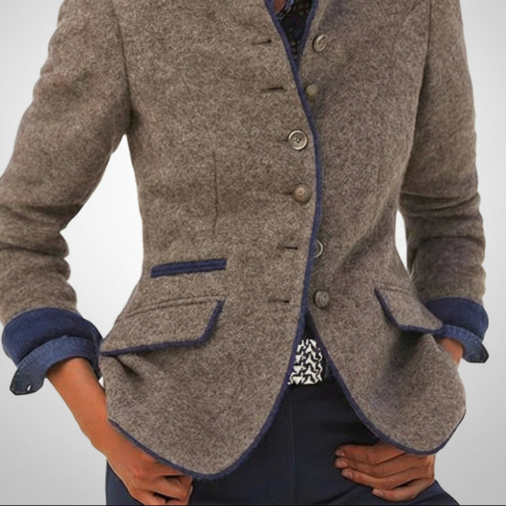 Women's Fitted Wool Blazer - Tailored Contrast Trim Jacket