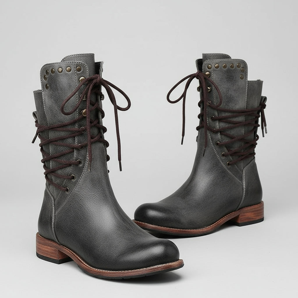 Women's Vintage Calf Boots Stylish Brown Comfortable Footwear 1