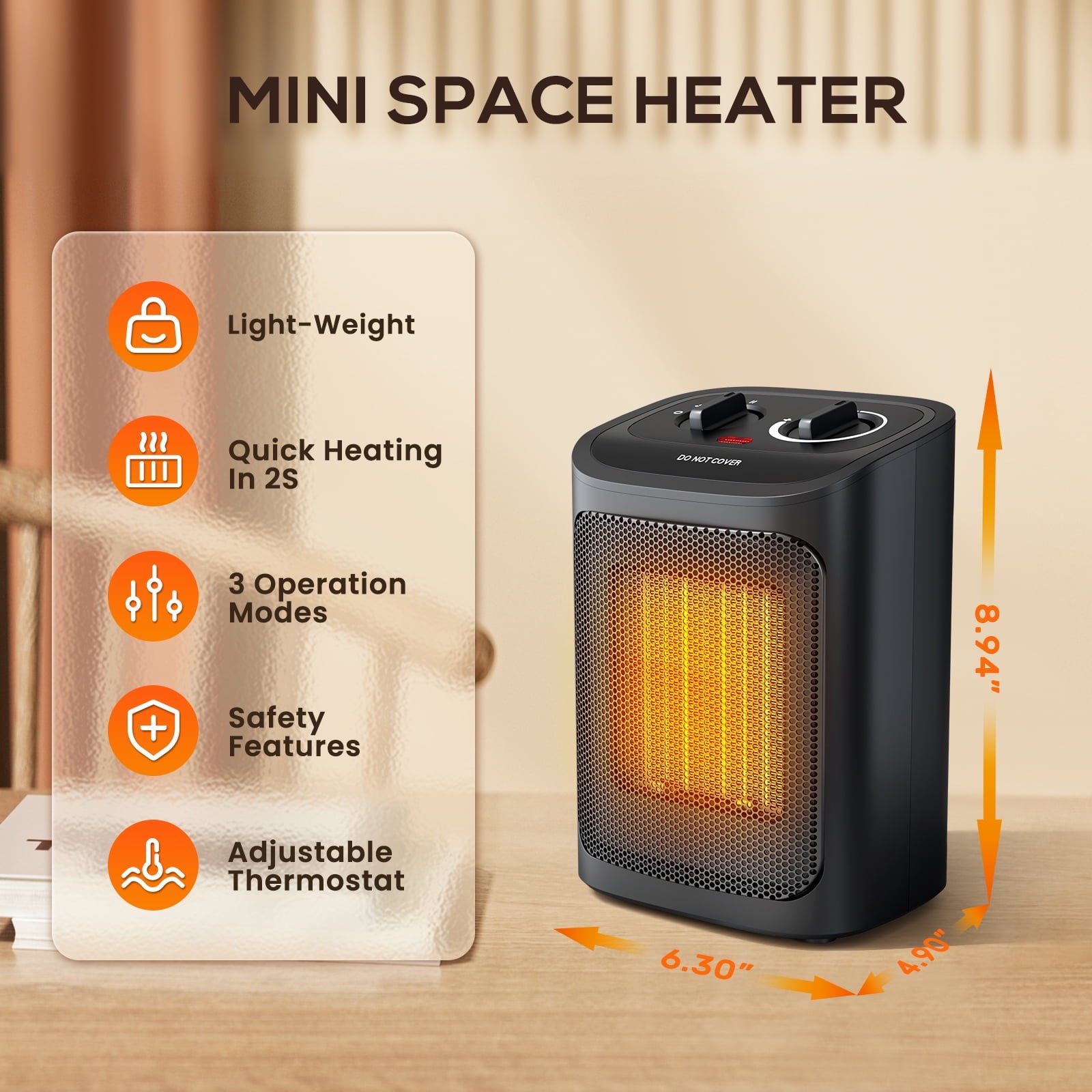 Electric Space Heater 900W Portable Heater with Low Noise Fast Heating