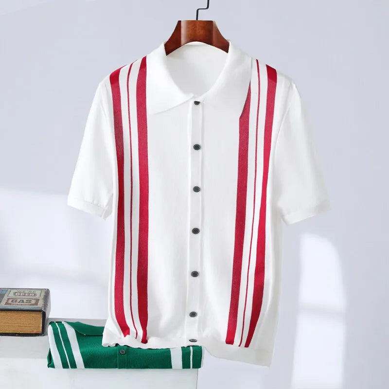 Men’s Retro Knit Polo Shirt | Short Sleeve Striped Casual