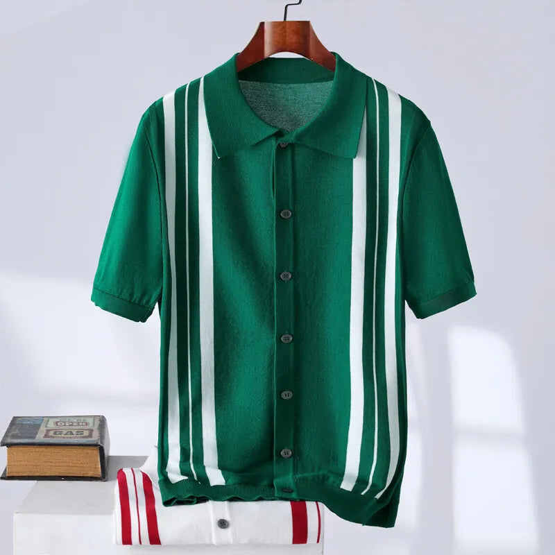 Men’s Retro Knit Polo Shirt | Short Sleeve Striped Casual