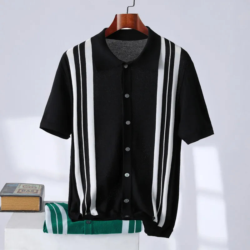 Men’s Retro Knit Polo Shirt | Short Sleeve Striped Casual