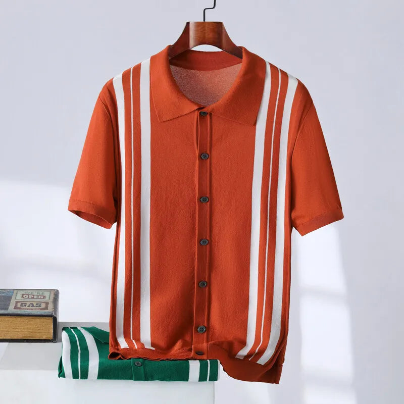 Men’s Retro Knit Polo Shirt | Short Sleeve Striped Casual