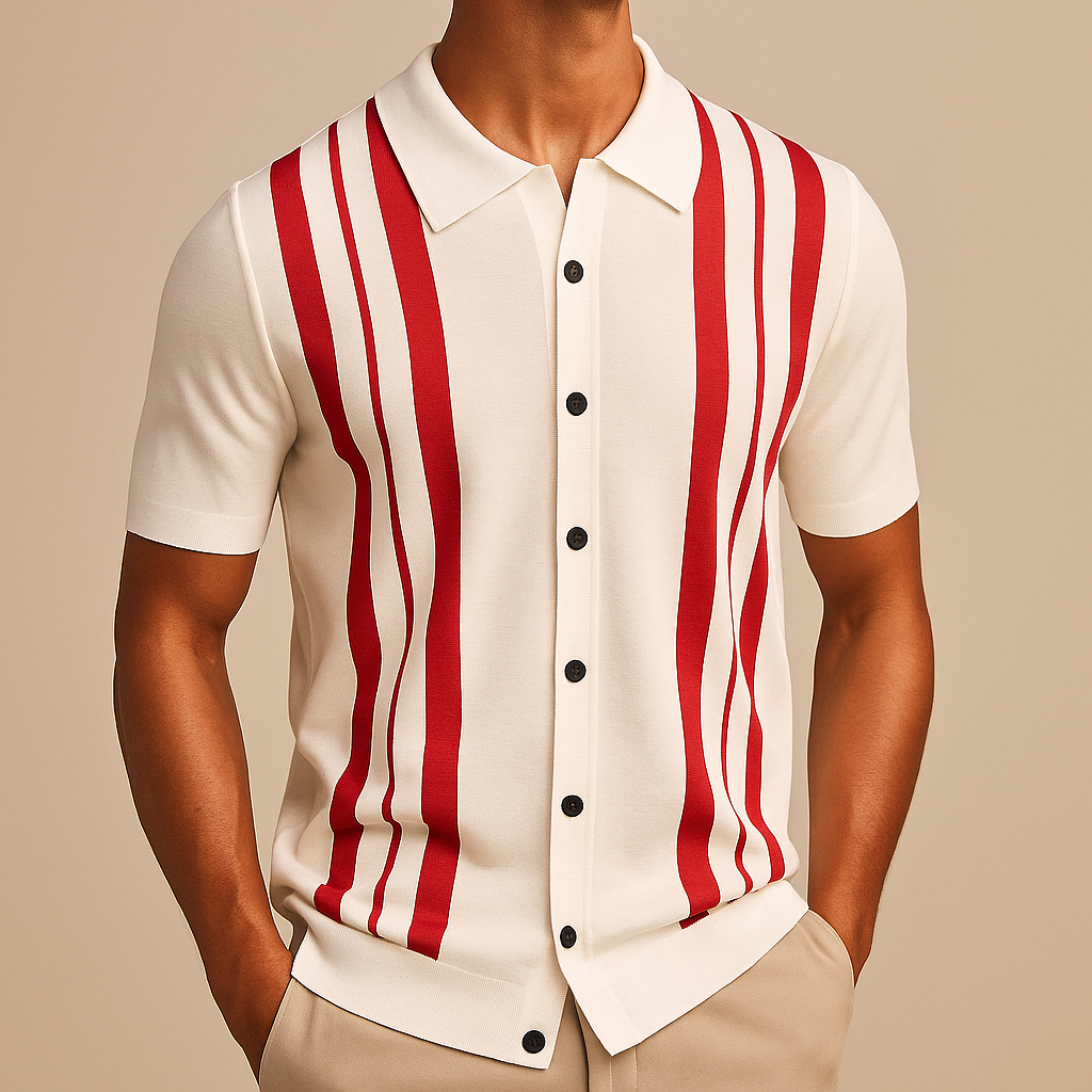 Men’s Retro Knit Polo Shirt | Short Sleeve Striped Casual