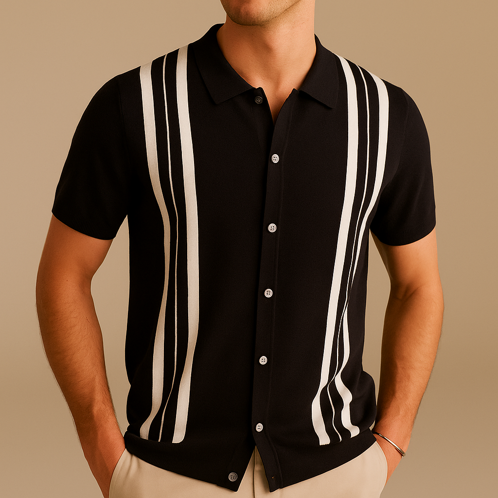 Men’s Retro Knit Polo Shirt | Short Sleeve Striped Casual