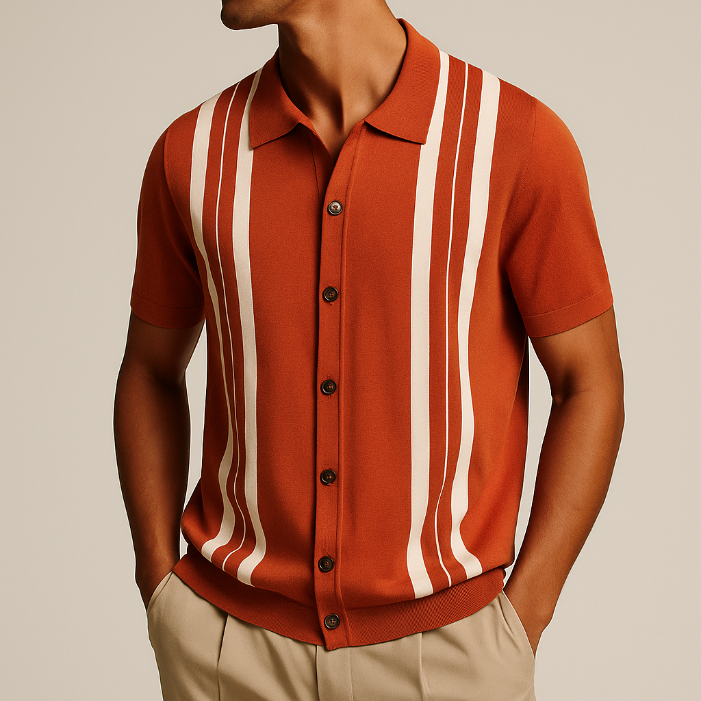 Men’s Retro Knit Polo Shirt | Short Sleeve Striped Casual