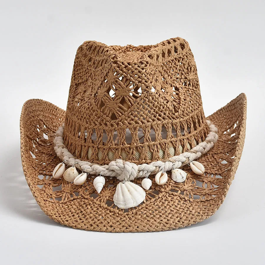 Women’s Boho Cowgirl Crochet Cowboy Hat | Wide Brim Shell Decor