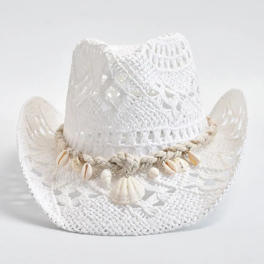 Women’s Boho Cowgirl Crochet Cowboy Hat | Wide Brim Shell Decor