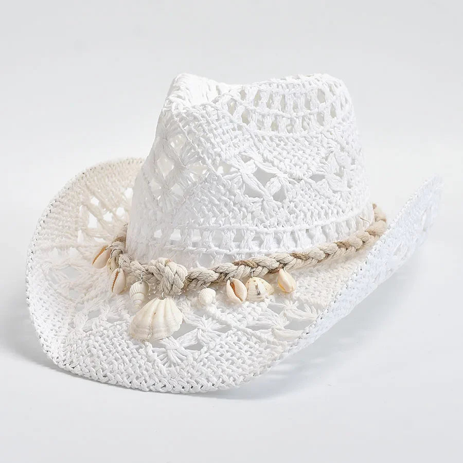 Women’s Boho Cowgirl Crochet Cowboy Hat | Wide Brim Shell Decor