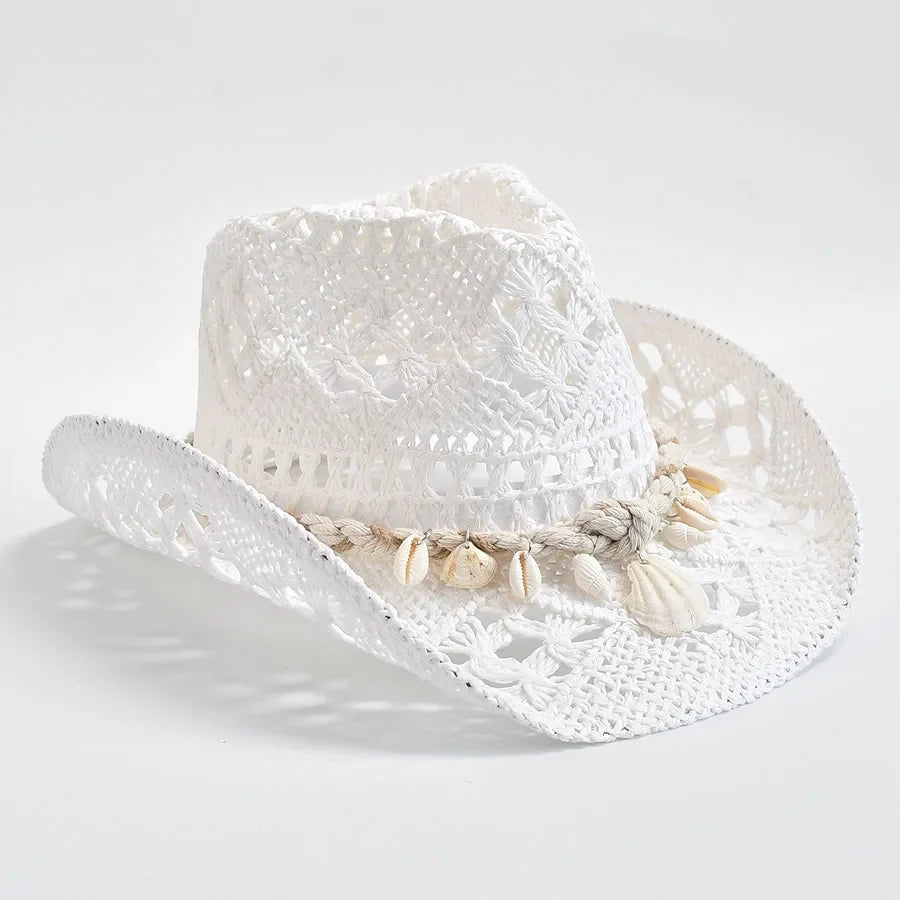 Women’s Boho Cowgirl Crochet Cowboy Hat | Wide Brim Shell Decor
