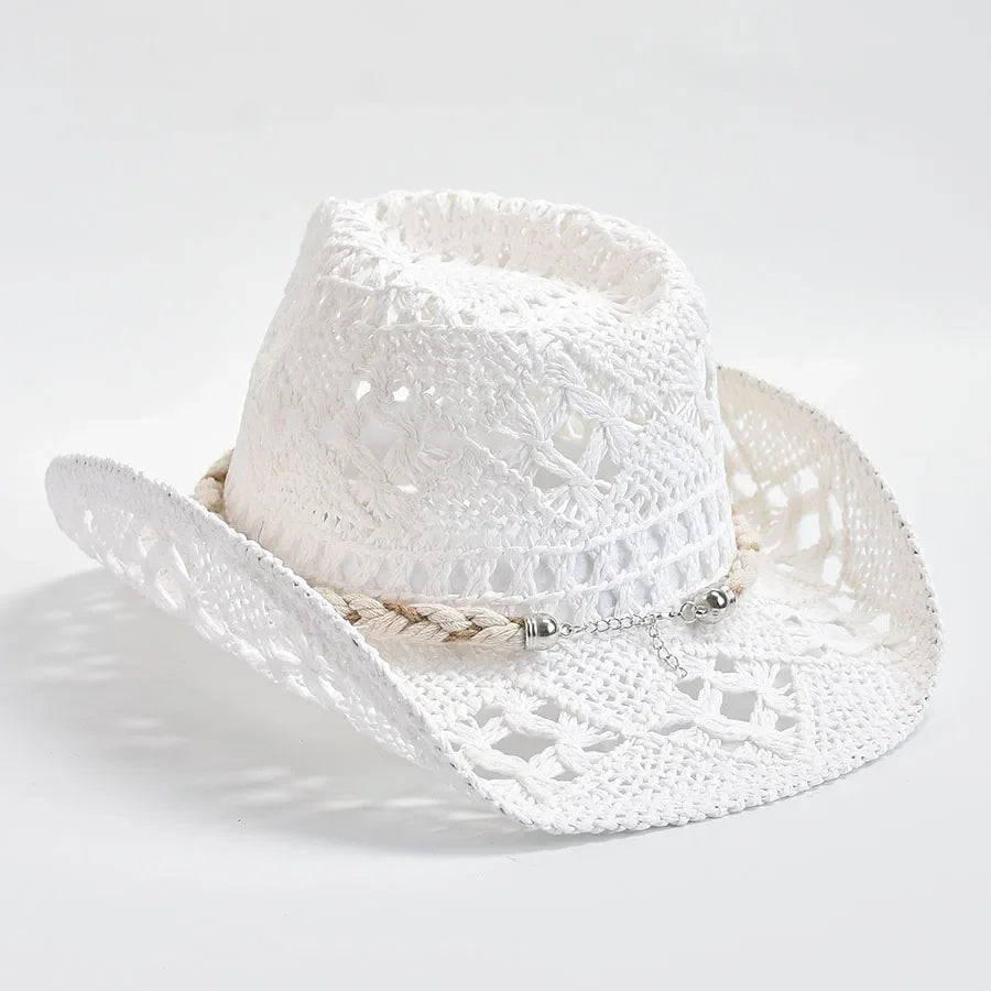 Women’s Boho Cowgirl Crochet Cowboy Hat | Wide Brim Shell Decor