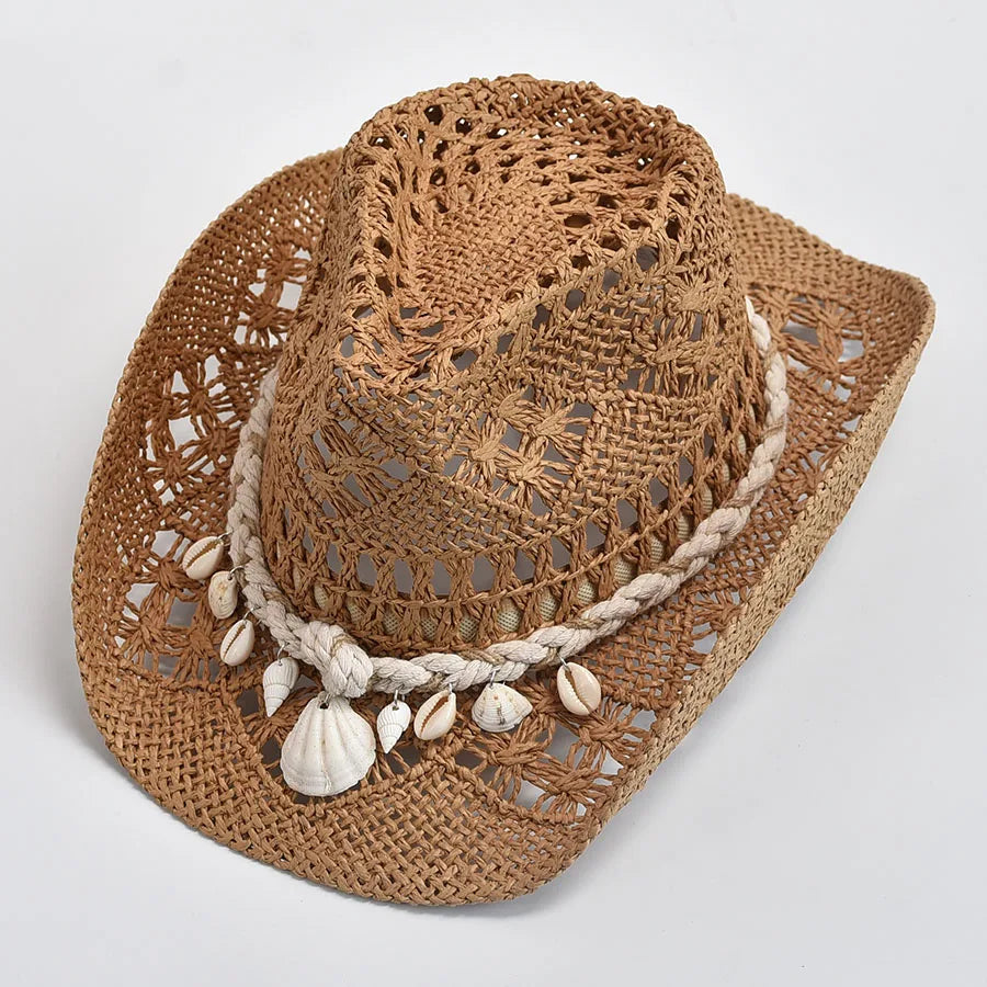 Women’s Boho Cowgirl Crochet Cowboy Hat | Wide Brim Shell Decor