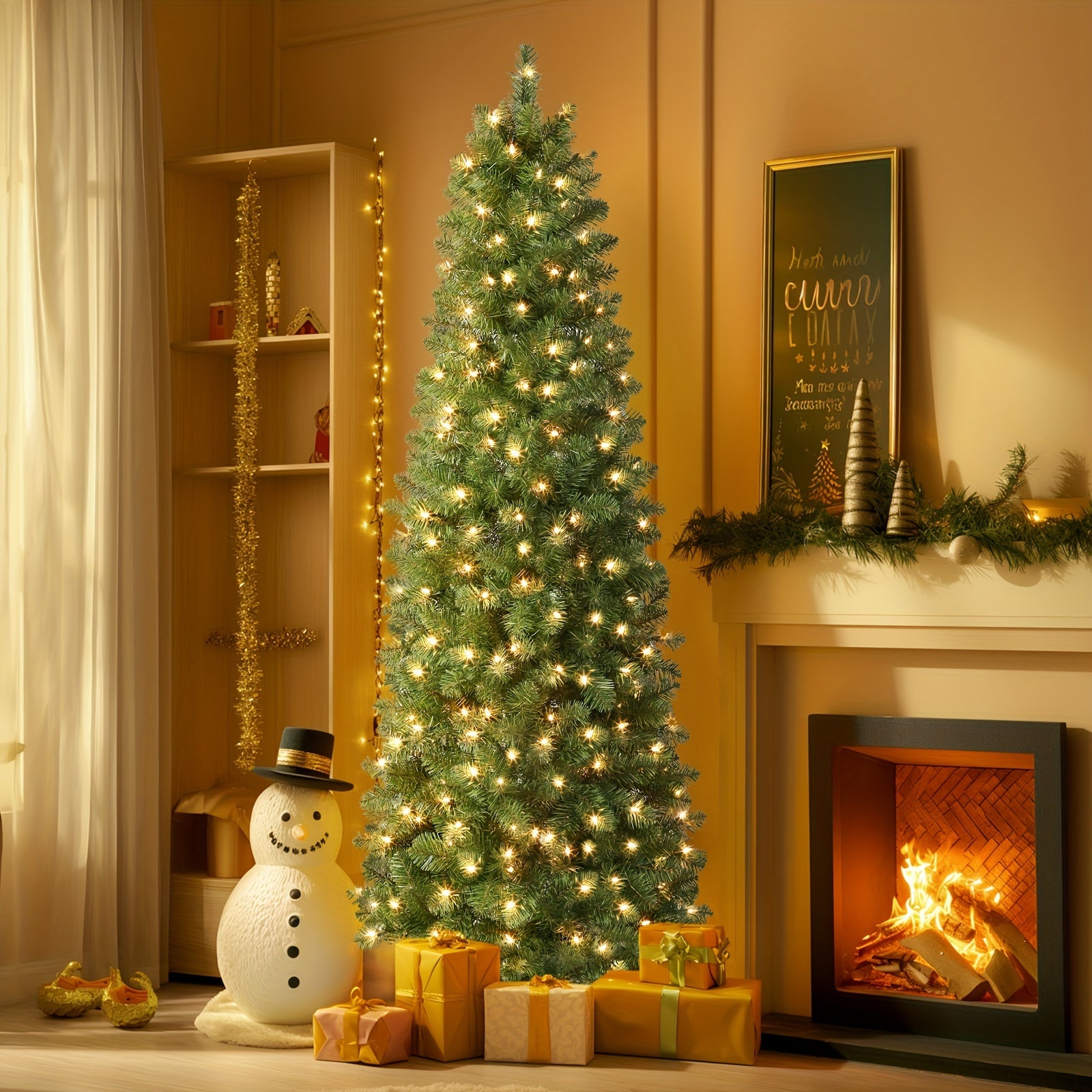 Pre-Lit Artificial Tree with Metal Stand and Warm Lights for Christmas