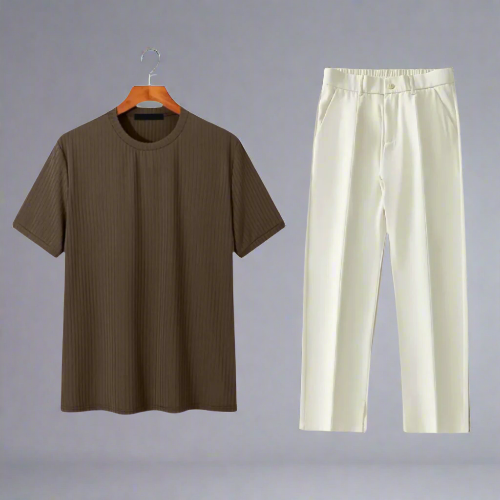 Men's Minimalist Ribbed T-Shirt Set | Straight Leg Trousers