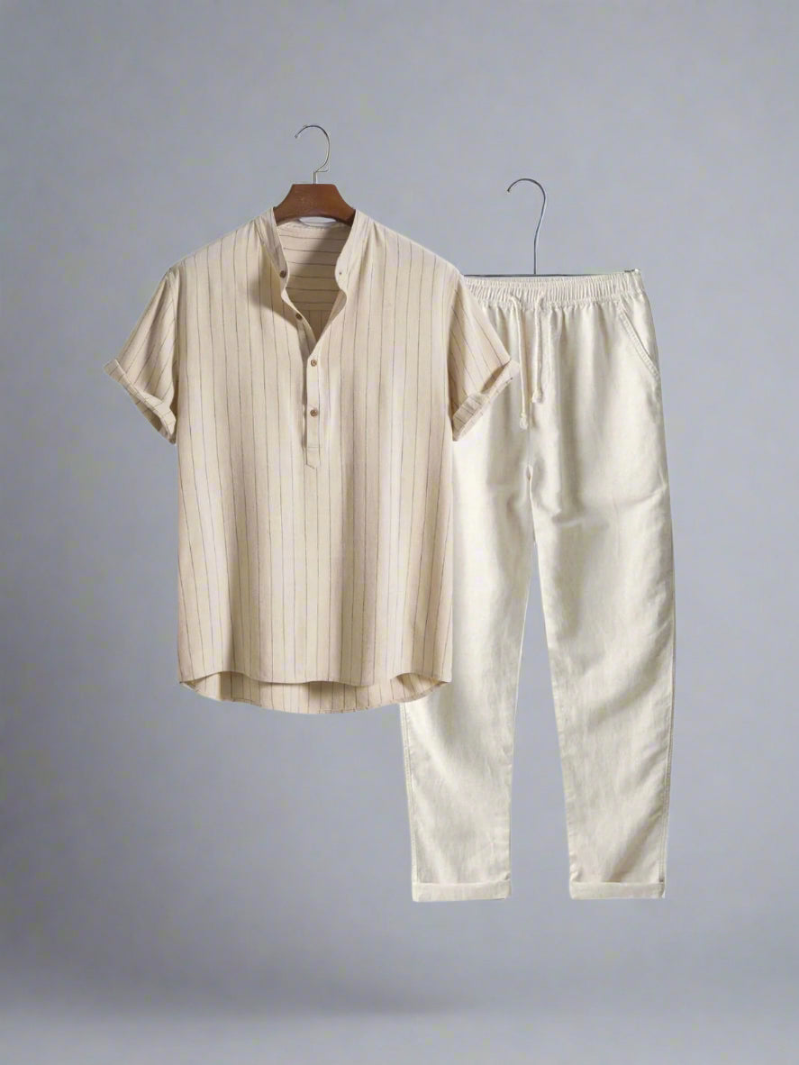 Men's Lightweight Short Sleeve Henley Shirt Set | Relaxed Fit Pants