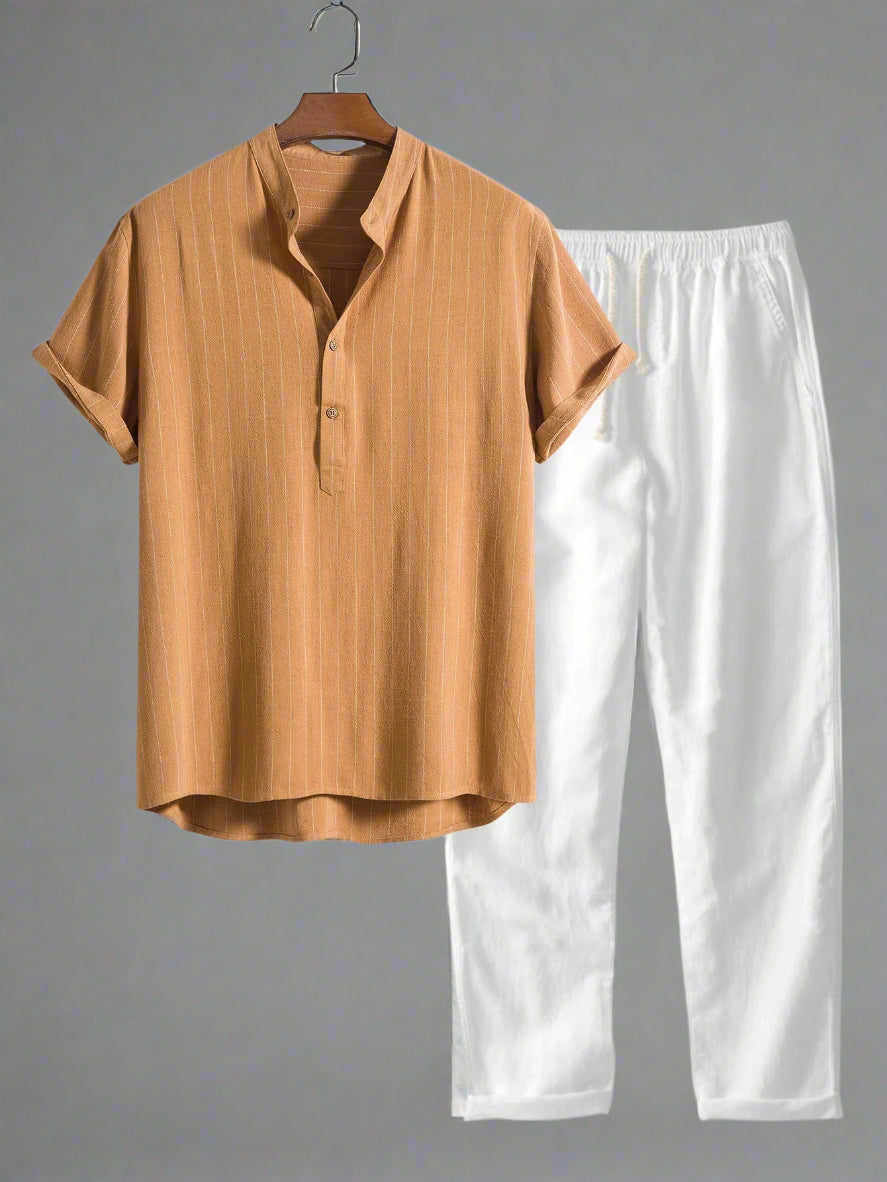 Men's Lightweight Short Sleeve Henley Shirt Set | Relaxed Fit Pants