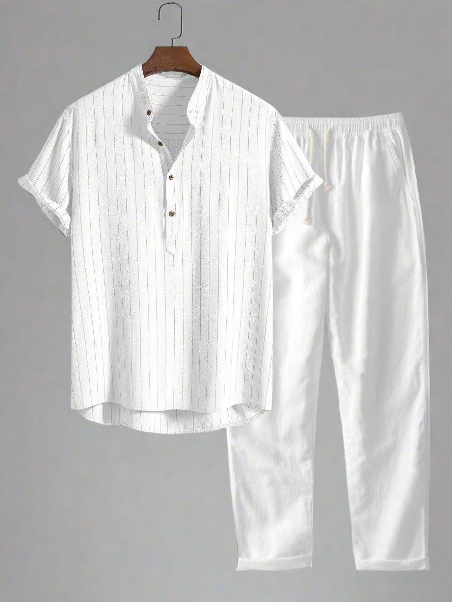 Men's Lightweight Short Sleeve Henley Shirt Set | Relaxed Fit Pants