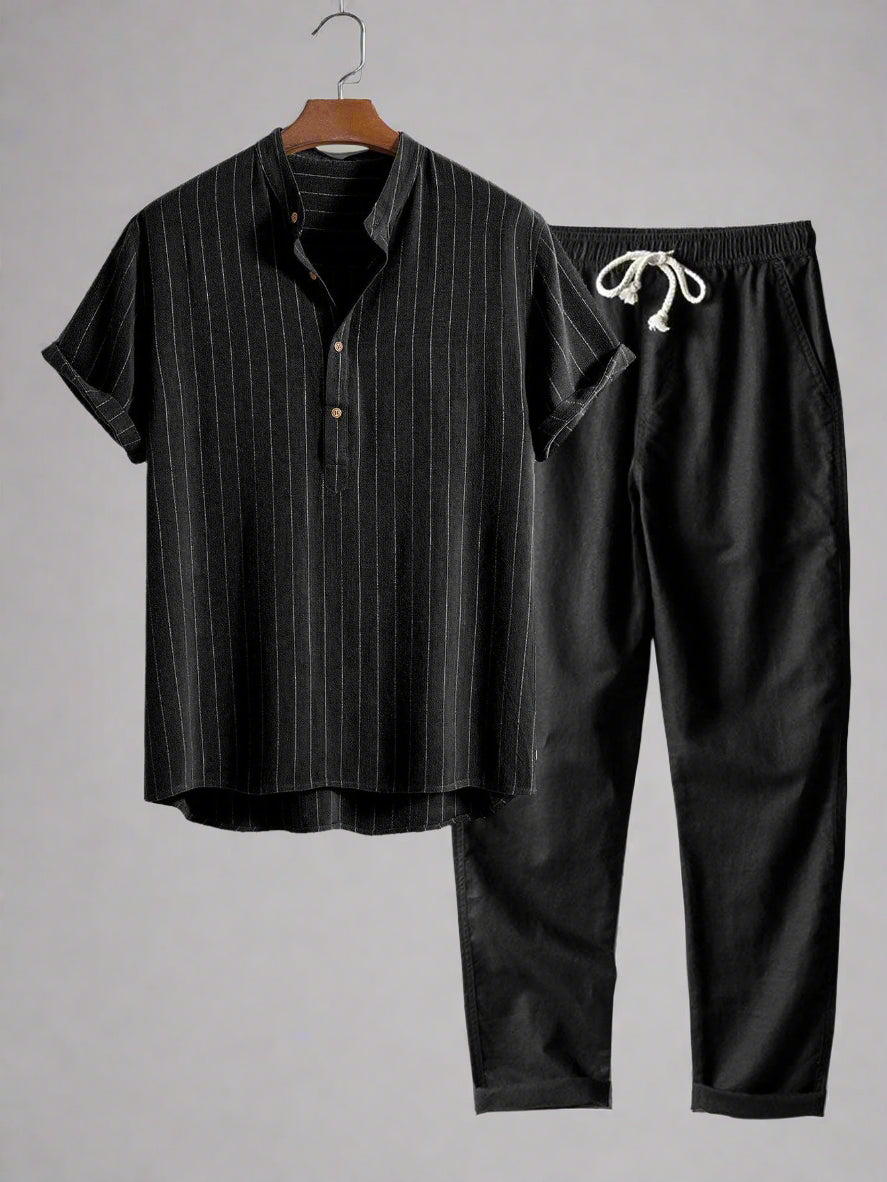 Men's Lightweight Short Sleeve Henley Shirt Set | Relaxed Fit Pants