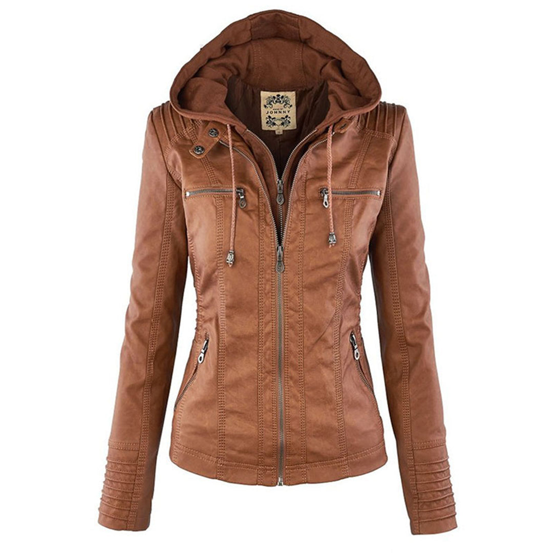 Bruine leren damesjas met capuchon, ritssluiting en zakken. Stijlvolle zomerjas voor dames, perfect voor casual en modieuze looks.