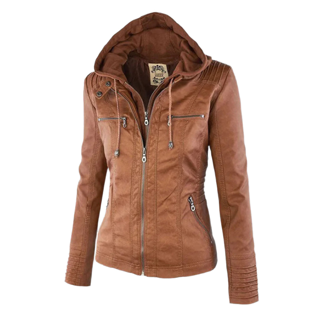 Bruine leren damesjas met capuchon, ritssluitingen en zakken. Stijlvolle zomerjas voor dames, ideaal voor casual en modieuze outfits.