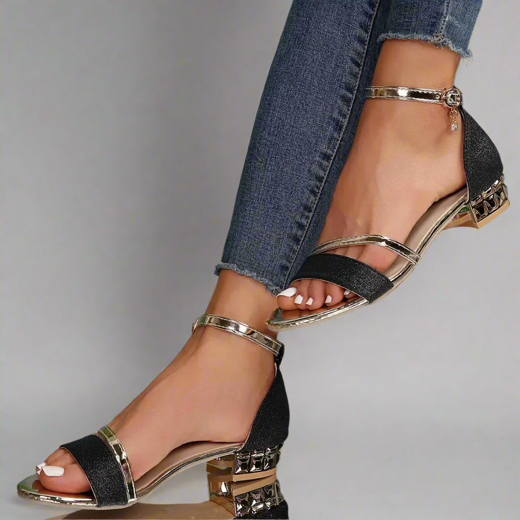 Women’s Elegant Block Heel Sandals | Glitter Ankle Strap Open Toe