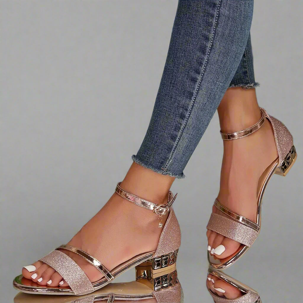 Women’s Elegant Block Heel Sandals | Glitter Ankle Strap Open Toe
