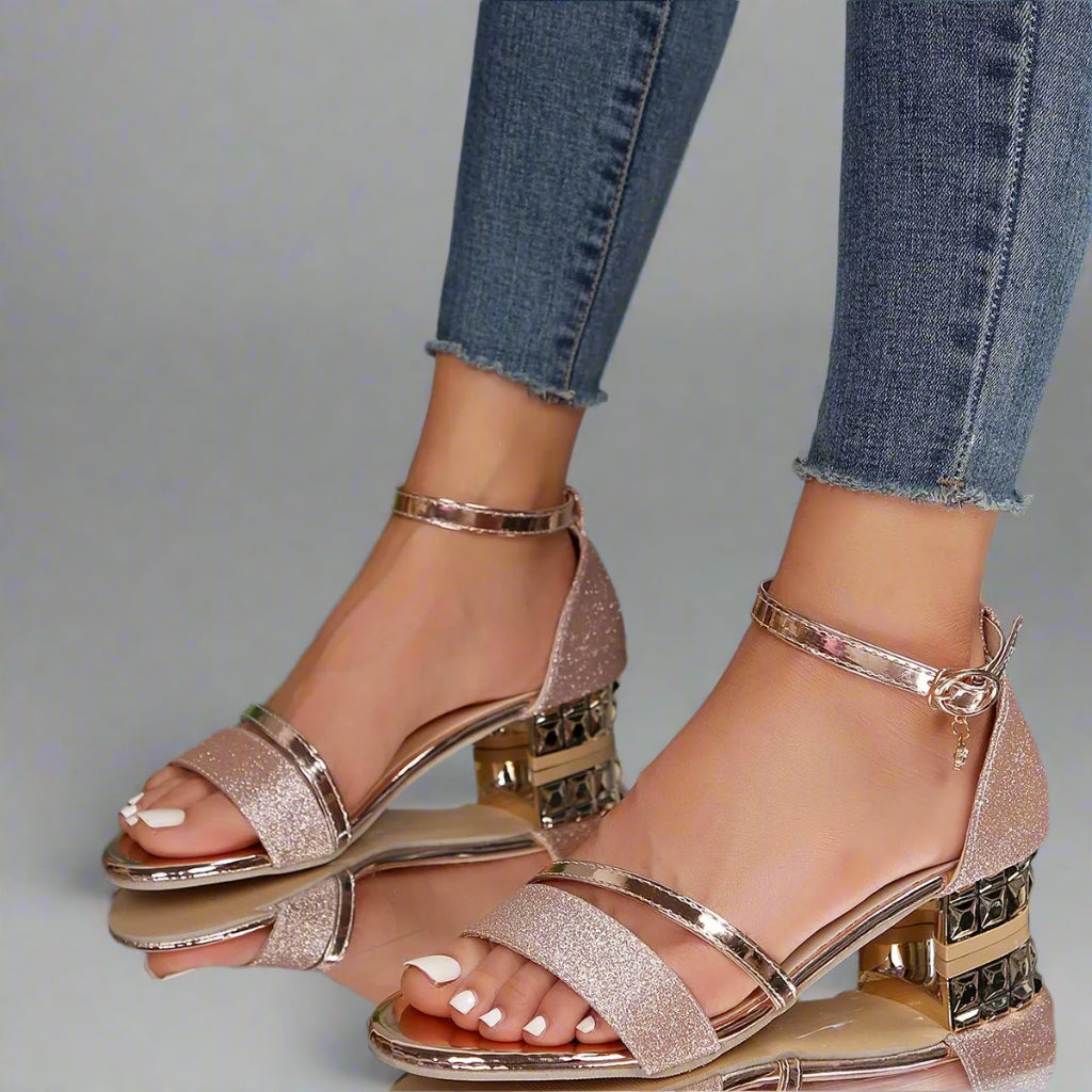 Women’s Elegant Block Heel Sandals | Glitter Ankle Strap Open Toe