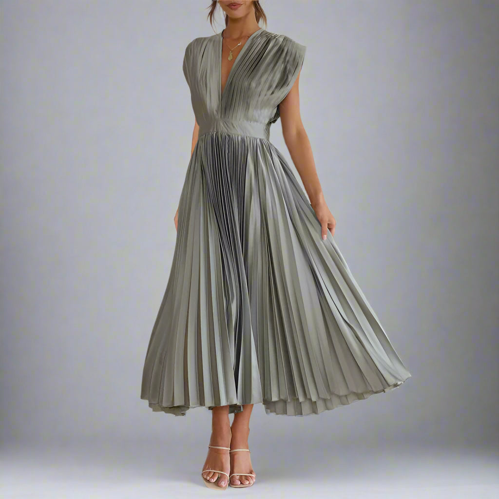 Women’s Elegant Pleated Satin Wrap Dress | Flowy Midi