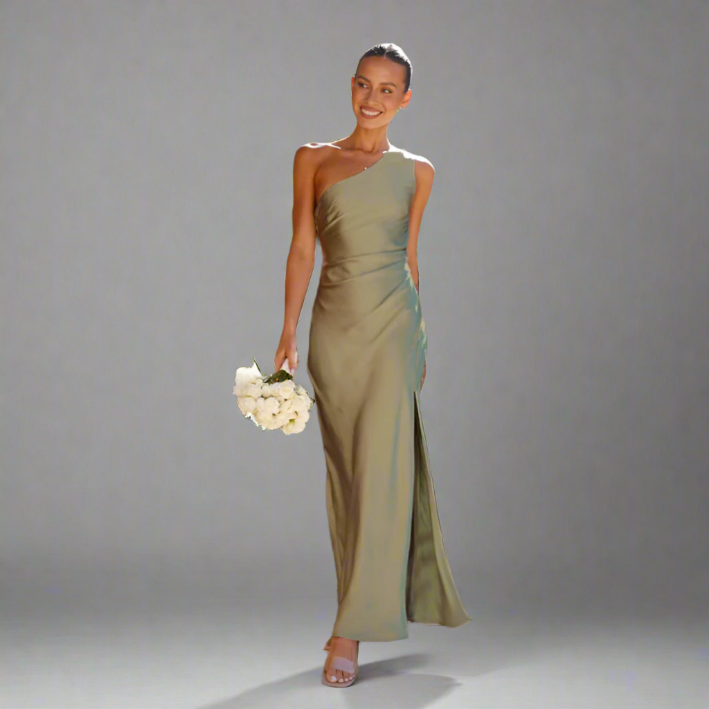 Women’s Satin One Shoulder Formal Dress | Slit Maxi