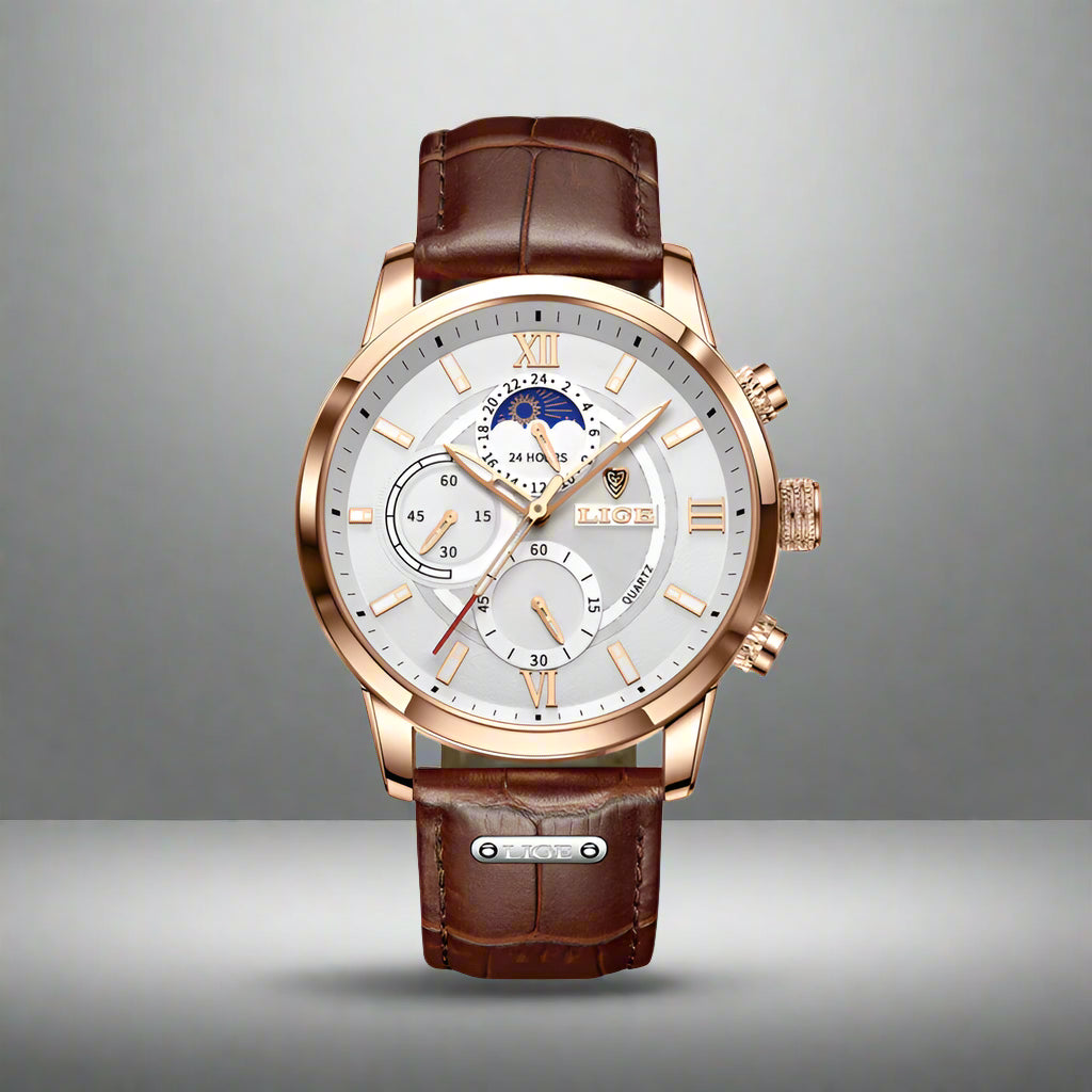 Men's Luxury Leather Chronograph Watch | Quartz Moonphase
