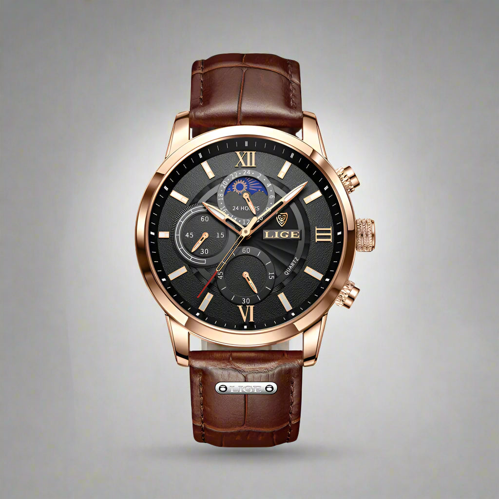 Men's Luxury Leather Chronograph Watch | Quartz Moonphase