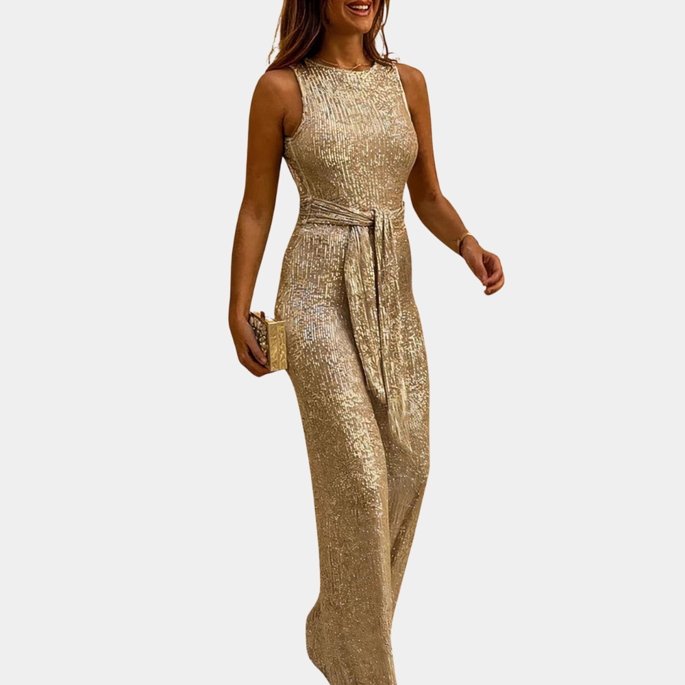 Gouden glitter jumpsuit voor dames, mouwloos met ceintuur, perfect voor feestelijke gelegenheden. Elegant en stijlvol avondkleding.