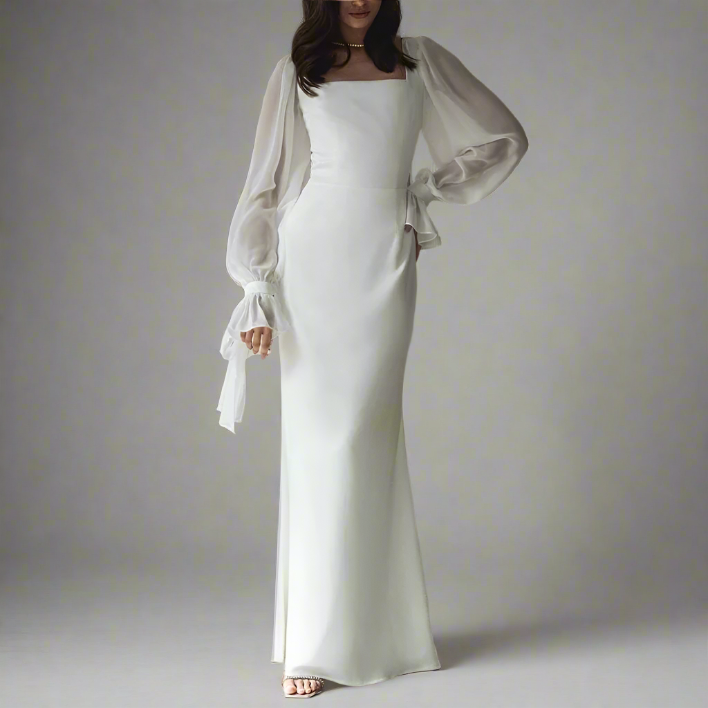 Women’s Elegant Long Sleeve Wedding Guest Dress | Puff Sleeve Maxi