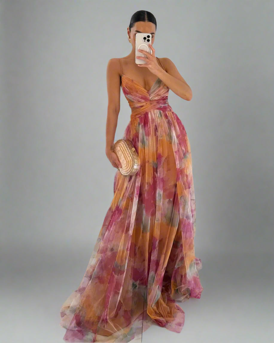 Women’s Floral Spaghetti Strap Evening Dress | Pleated Maxi