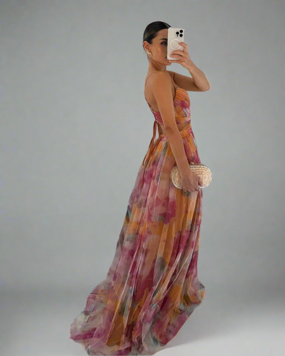 Women’s Floral Spaghetti Strap Evening Dress | Pleated Maxi