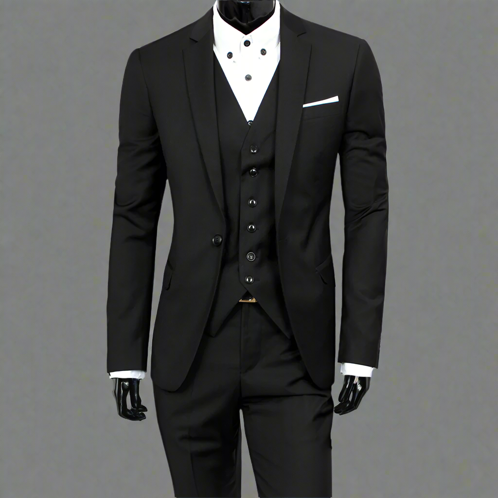 Zwart driedelig herenpak met witte overhemd en pochet, elegante zakelijke kleding, formele outfit voor bruiloft of kantoor, stijlvolle mode.