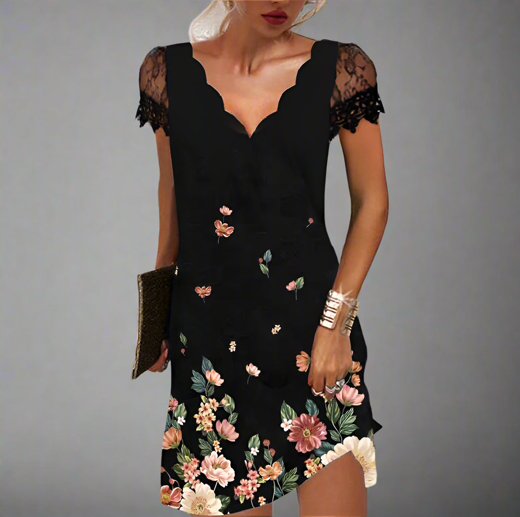Women's Elegant Lace Sleeve Cocktail Dress | Scalloped Mini