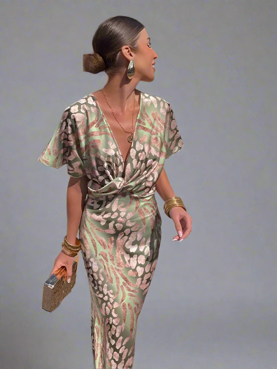Women Satin Party Maxi Dress | Elegant V Neck Short Sleeve