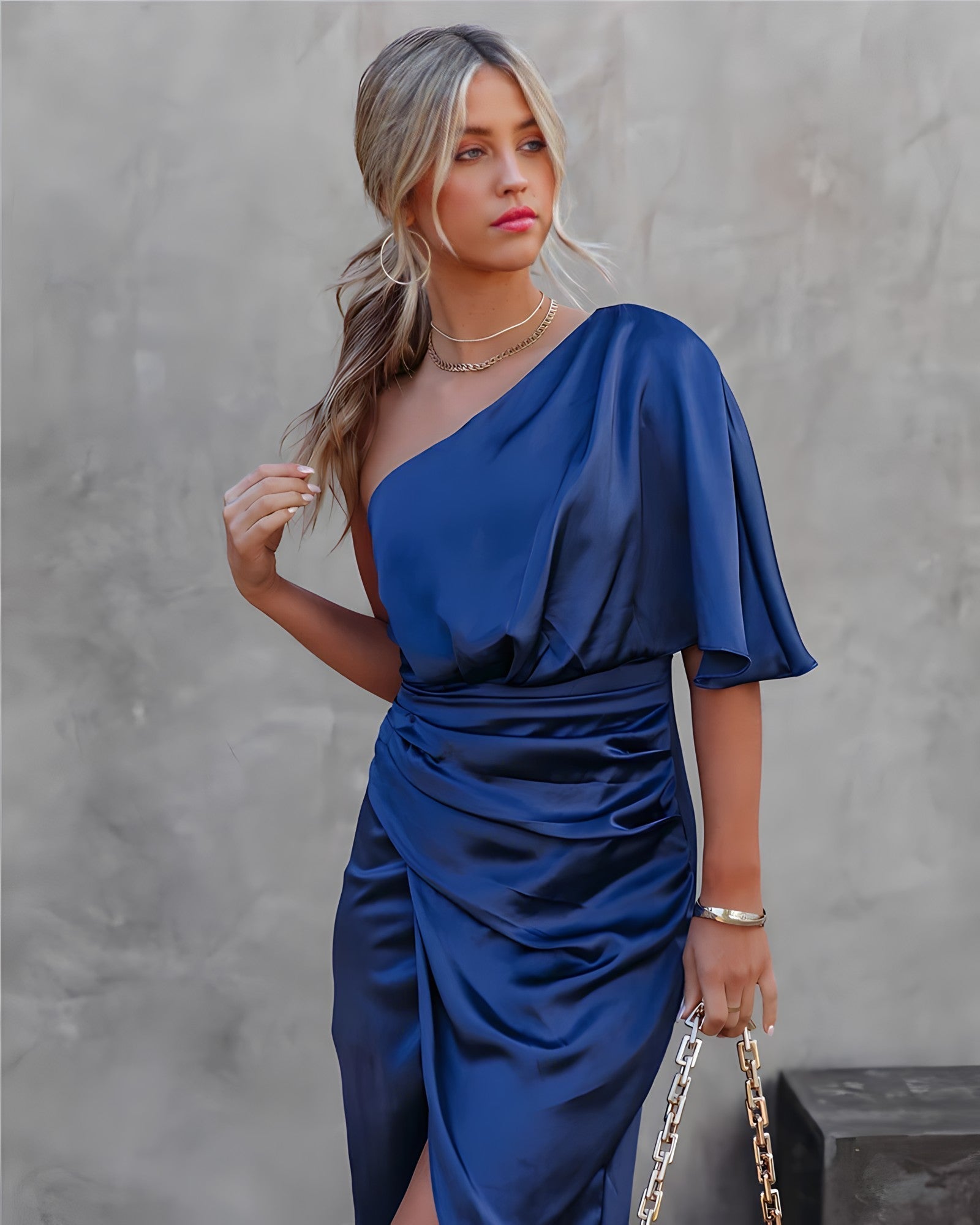 Women's Elegant Satin One Shoulder Dress | Draped Slit Midi